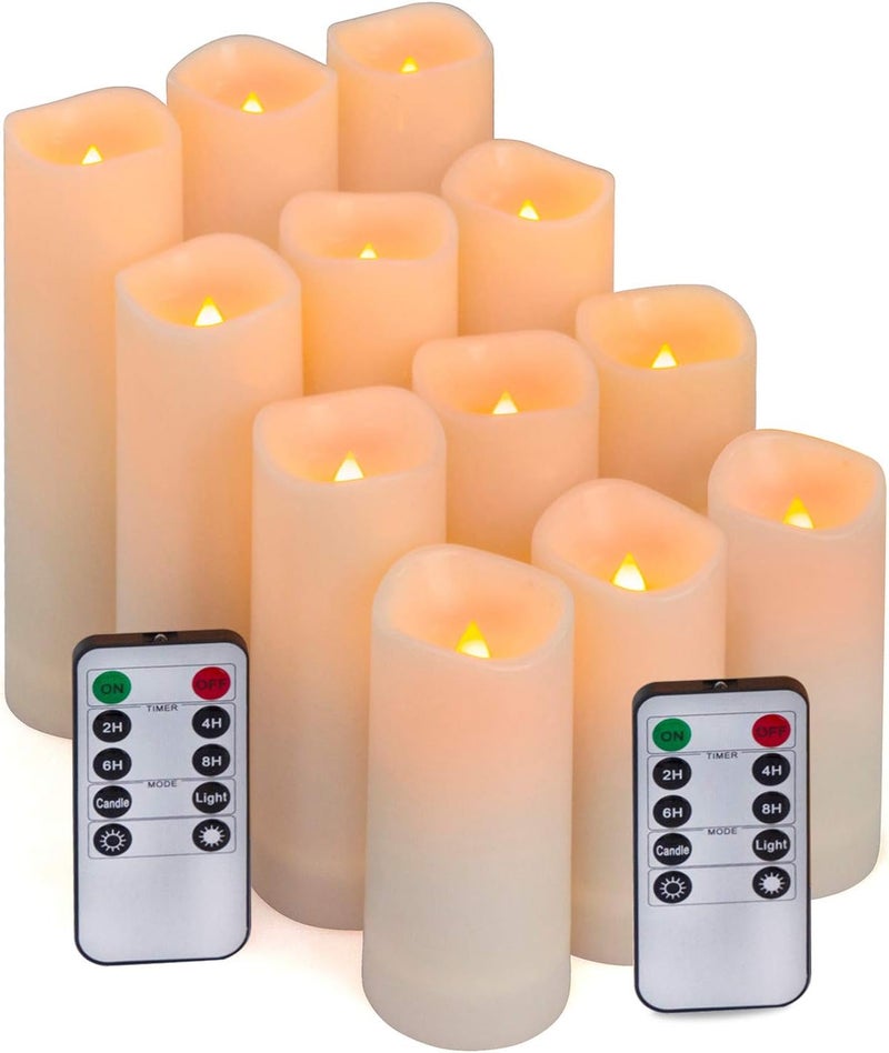 Aignis 12pcs Flameless LED Candles Battery Operated with 10-Key Remote Timer, Outdoor Indoor Waterproof, Warm Flickering Glow for Cozy & Romantic Home/Wedding/Holiday Décor(D2.2''xH4/5/6/7'') - Image 1